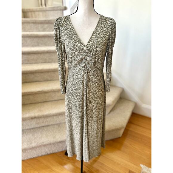 Mango Sage Olive Green Dot Crinkle Cottage Boho Midi Dress - Picture 2 of 10